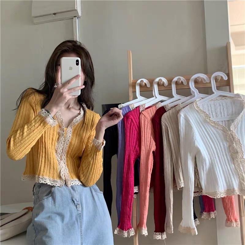 ( Siêu rẻ ) Cardigan len mỏng viền phối ren phong cách HQ