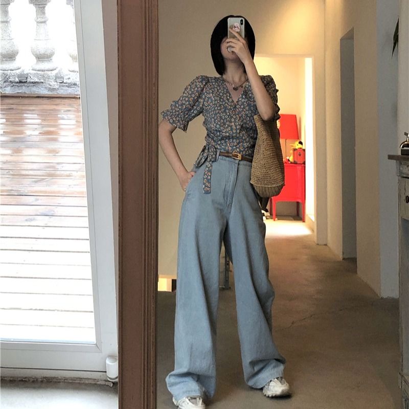 Áo sơ mi nữ vải chiffon tay phồng cổ V eo cao họa tiết hoa nhí xinh xắn thời trang mùa hè Hàn Quốc