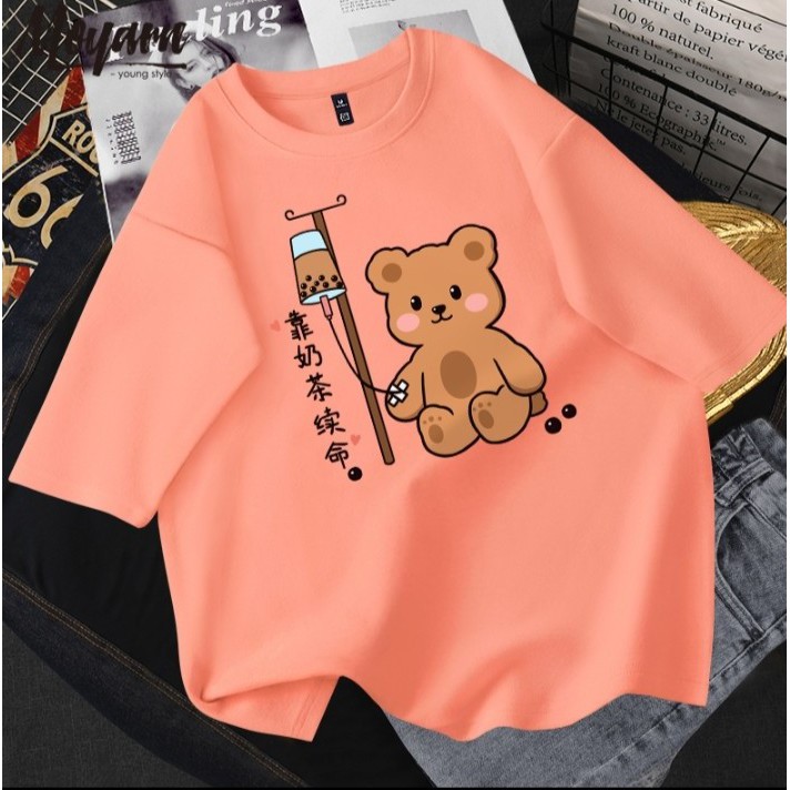Áo thun gấu truyền trà sữa , phom rộng, siêu cute nha