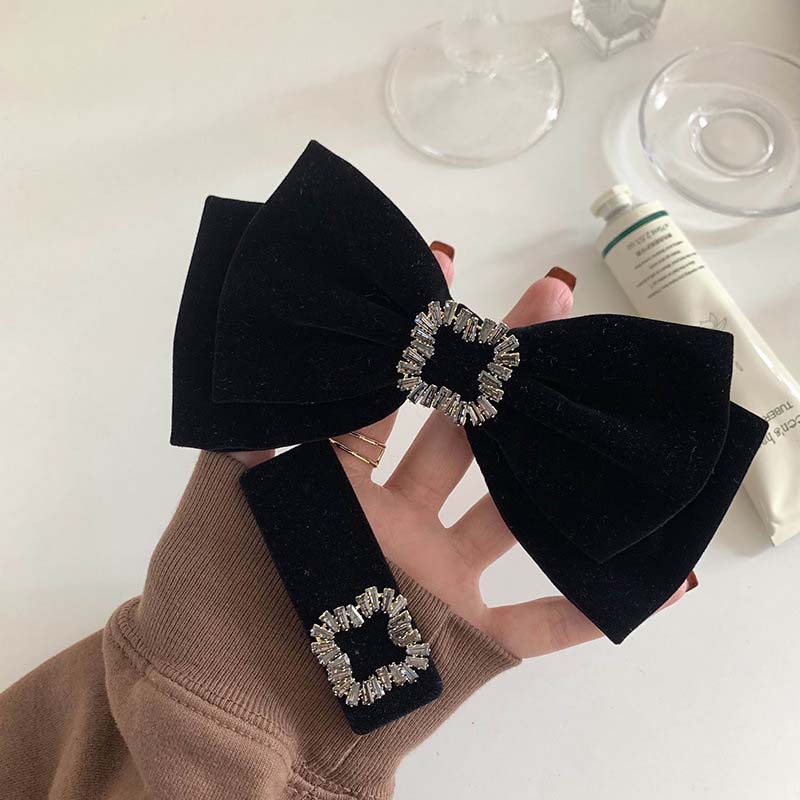 Kẹp tóc nơ vải nhung màu đen đính đá zircon phong cách vintage