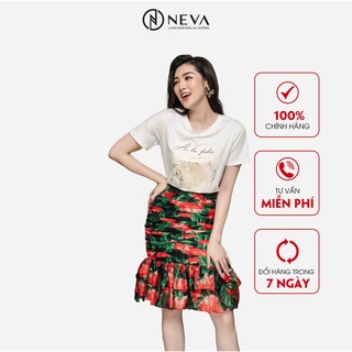 Chân váy đuôi cá NEVA họa tiết hoa trà chất voan cao cấp màu đen đỏ W300272