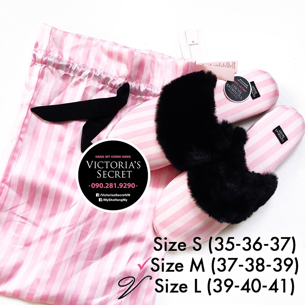 Dép vải satin hồng sọc đứng, phối lông đen  - size M  - Victoria's Secret