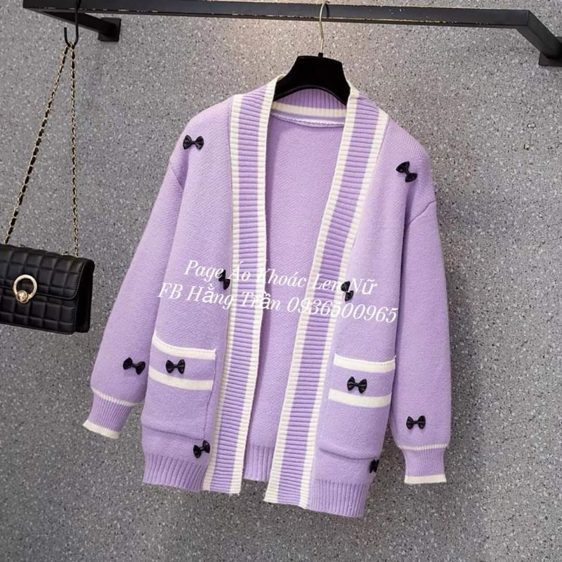 Áo khoác len cardigan nữ viền len mịn phối nơ.