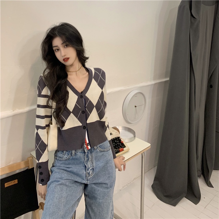 Áo khoác cardigan dệt kim tay dài họa tiết caro kim cương phong cách Anh Quốc thời trang mùa thu