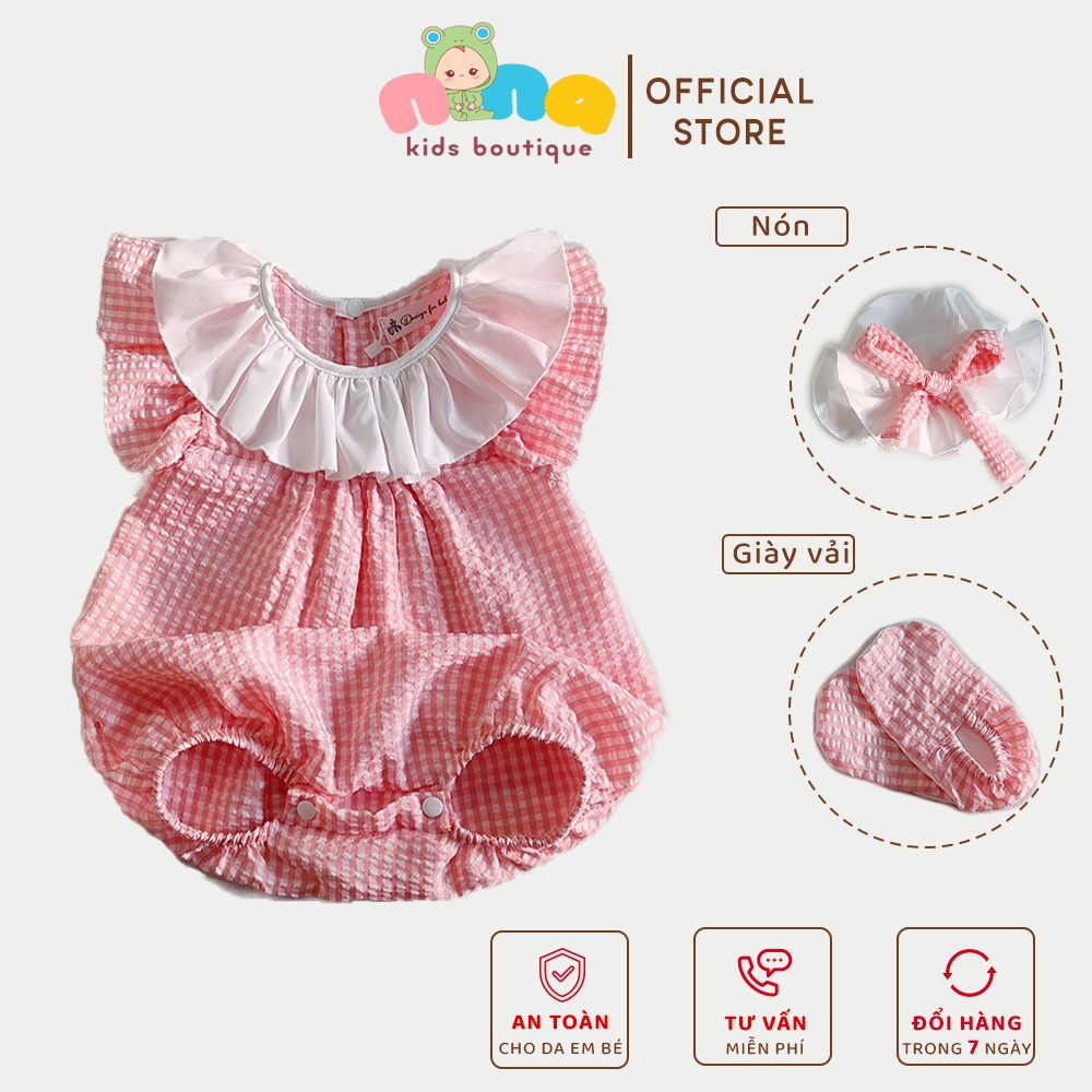 Body bé gái sơ sinh đầy tháng, thôi nôi - Caro hồng phối lụa trắng - Size sơ sinh 3kg đến 13kg - Nina Kids