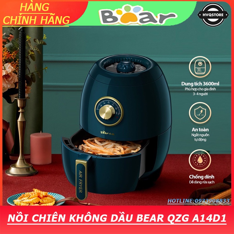 [Chính hãng] Nồi Chiên Không Dầu Bear 3L, Lòng Nồi Thép Không Rỉ Phủ Chống Dính QZG-A14D1