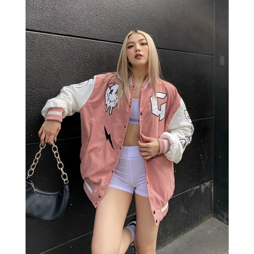Áo Khoác Form Rộng Nhung Tăm Jacket Varsity FF Pink V2 Gonz
