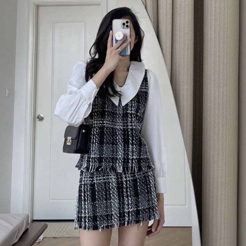 [ 𝐅𝐑𝐄𝐄 𝐒𝐇𝐈𝐏 ] SÉT DẠ CARO ĐAN CỔ SEN TAY TRẮNG CHÂN VÁY CHỮ A CHẤT DẠ MỀM ĐANH TAY Ạ