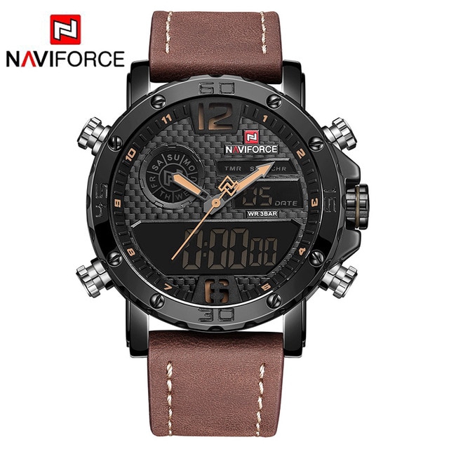 NAVIFORCE NF9134 Men Sport Fashion Leather Band Analog Digital Watch