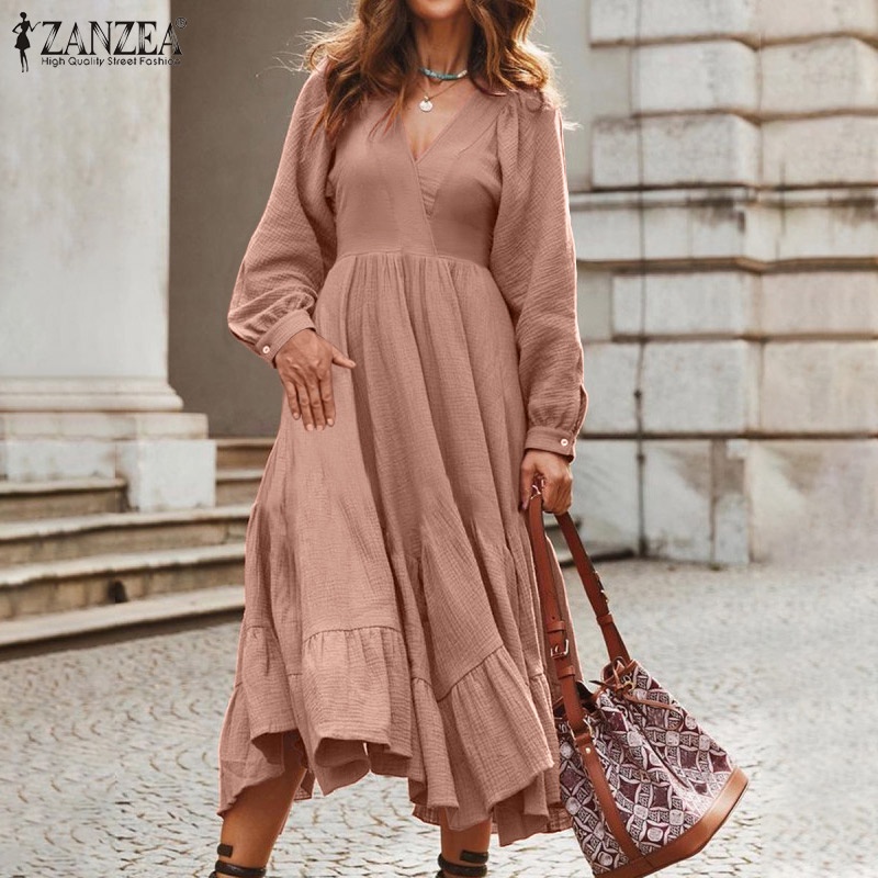 Đầm Zanzea dài tay phồng cổ chữ V form rộng phong cách châu Âu thời trang cho nữ
