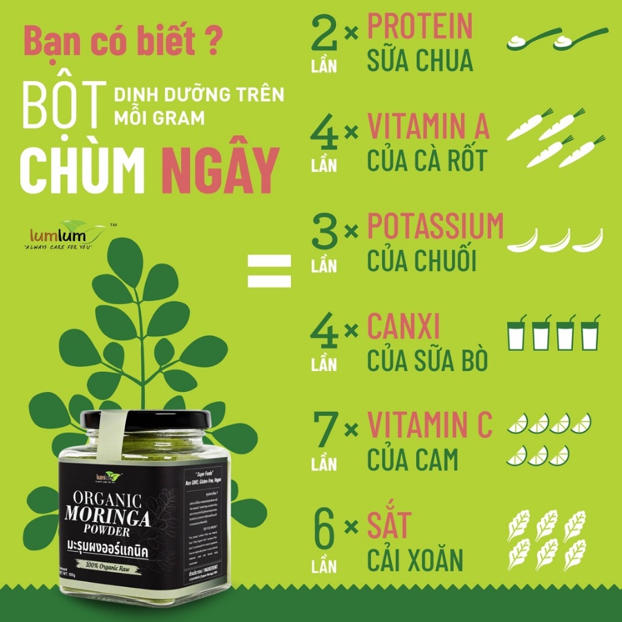 Bột chùm ngây hữu cơ 150g Lumlum Organic Moringa Powder rắc sữa chua, pha cùng sữa cải thiện giấc ngủ