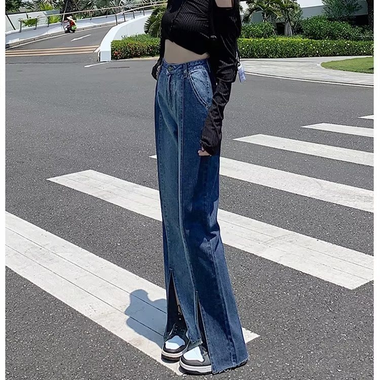 Quần jean dài DADUHEY cạp cao ống rộng xẻ tà thời trang Hàn Quốc cho nữ