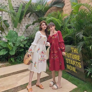 Váy babydoll thổ cẩm sẵn 2 màu: trắng đỏ