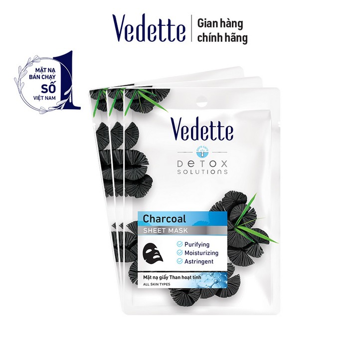 Combo 3 Mặt Nạ Giấy Than Hoạt Tính Vedette 22ml x 3