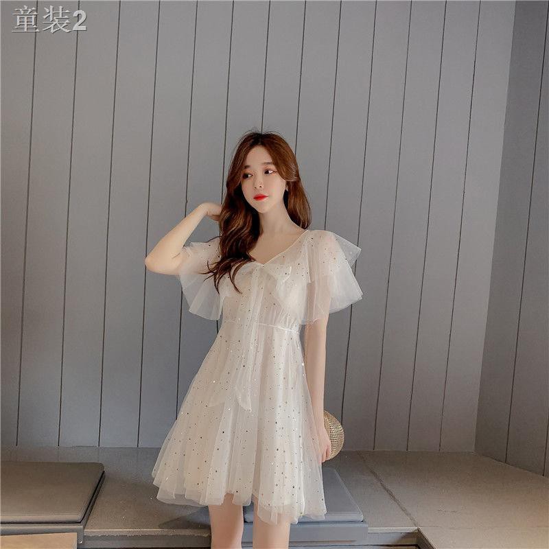 ☢❂phong cách thời trang mới mùa hè kiểu Pháp niche dress siêu tiên ngôi sao lưới gạc váy hai dây tây