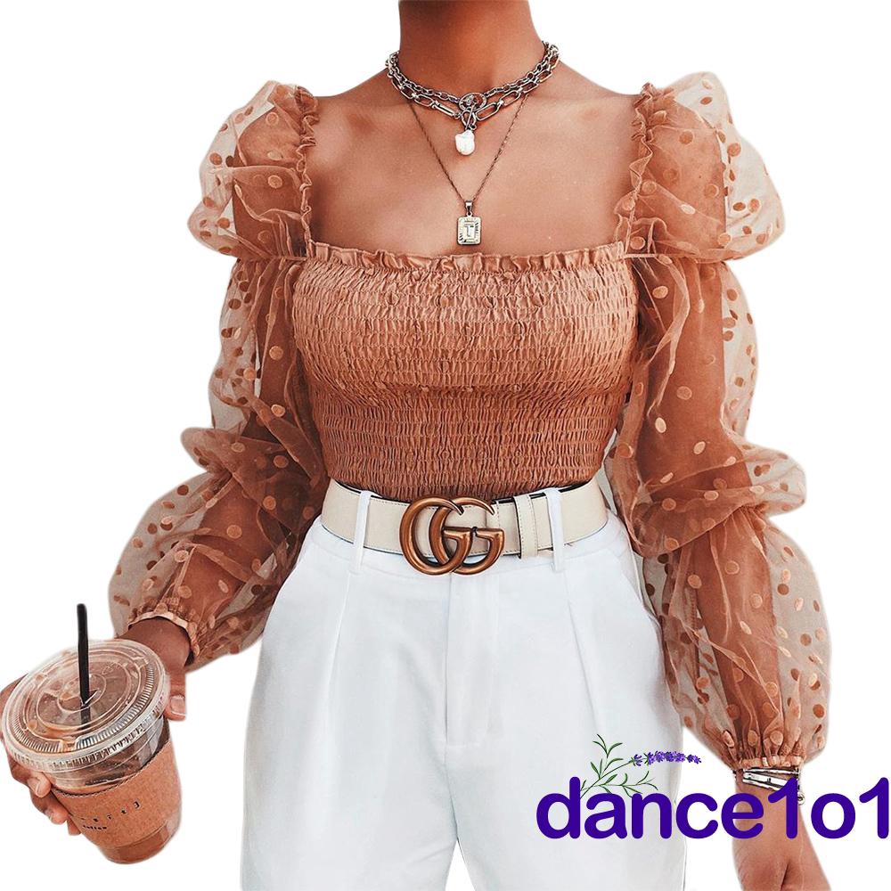 Áo Nữ Tay Dài Cổ Chữ U Họa Tiết Chấm Bi Thời Trang