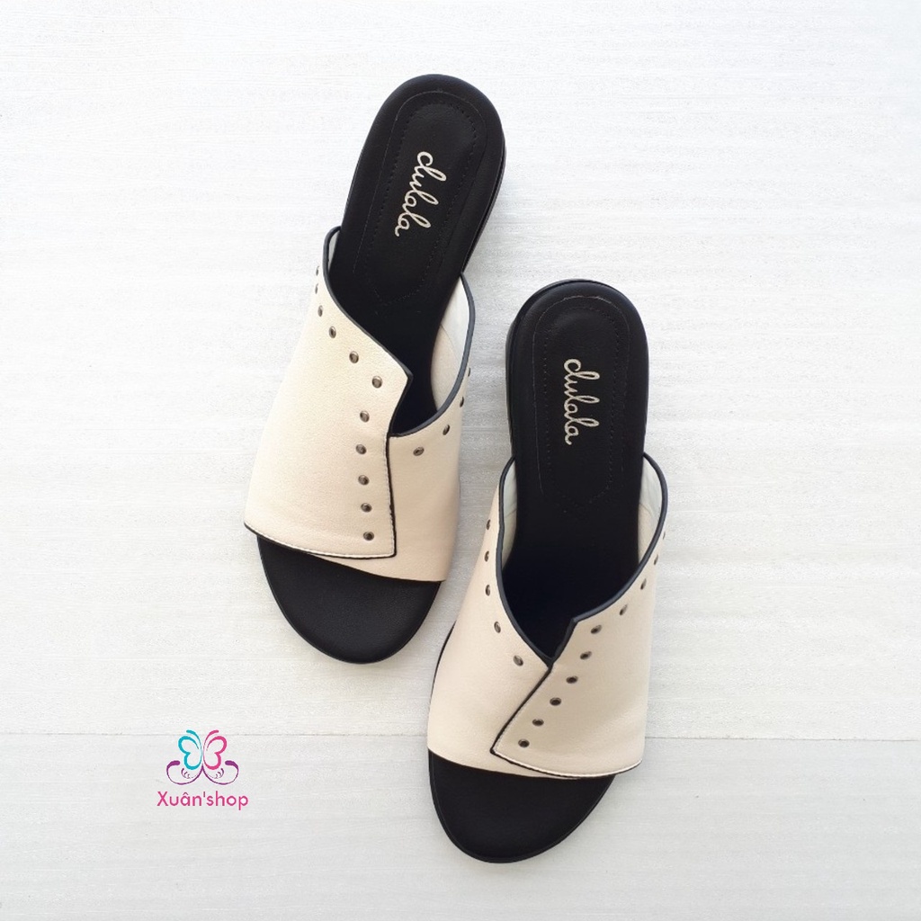 Dép thời trang Daphne da mềm, quai bản rộng, gót vuông cao 5cm