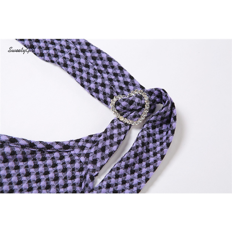 Áo lửng không tay dáng ôm hở lưng in họa tiết caro hợp thời trang cho nữ