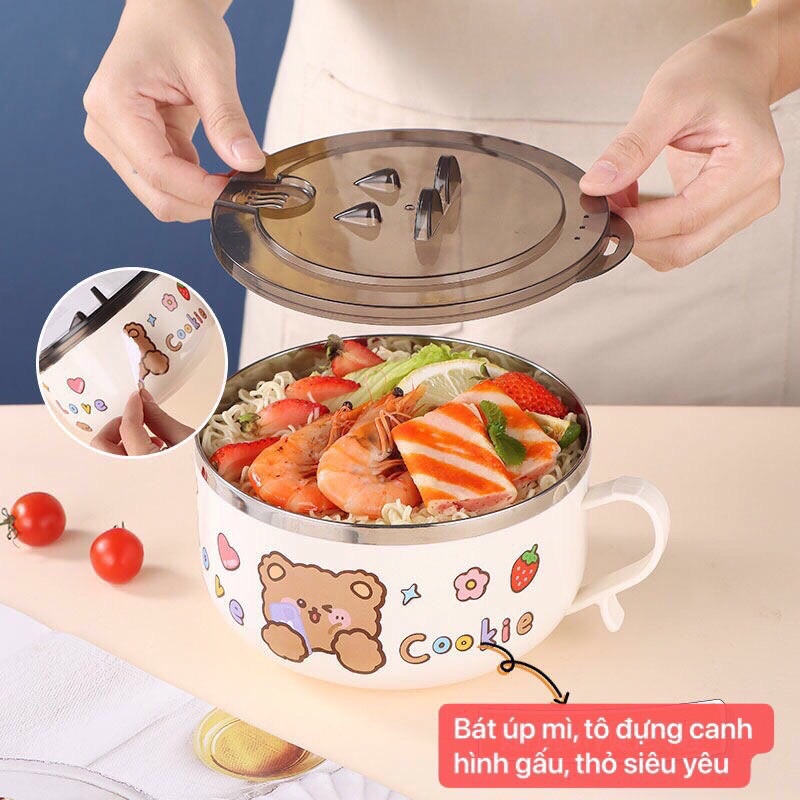 (sẵn hàng ) Bát Úp Mì, Tô Ăn Mì, Bát Ăn dặm cho bé có nắp- Lõi Inox 304 Hình Gấu Nâu, Thỏ Rabbit Có Tay Cầm Tiện Dụng