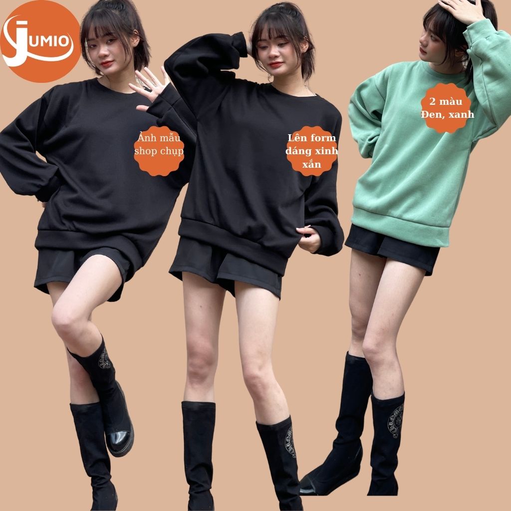 Áo Sweater nữ form rộng dáng dài phong cách Hàn Quốc, Áo phông dài tay lót nỉ chất dày dặn 2 màu đen xanh Freesize JUMIO | BigBuy360 - bigbuy360.vn