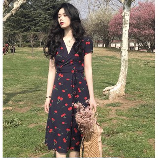 [Sẵn M] Đầm kiểu maxi cherry vintage cổ V đắp tà - Váy cherry vạt chéo (hàng order Quảng Châu )
