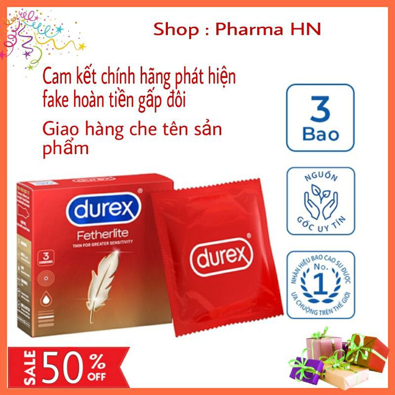 Bao Cao Su Durex Fetherlite 3 bao 🔥 Siêu mỏng 🔥 Size 52mm - nhiều gel bôi trơn - truyền nhiệt nhanh