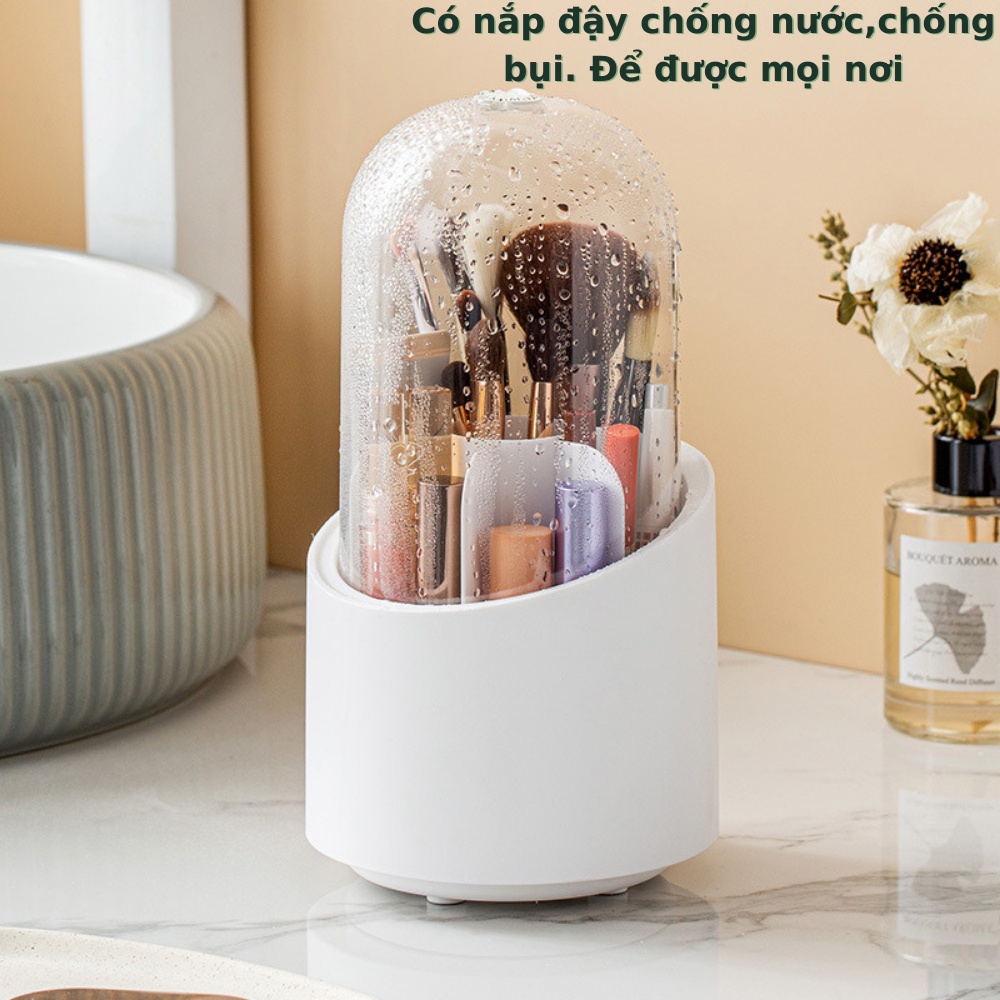 Hộp đựng cọ trang điểm, bông mút trong suốt có nắp đậy xoay tròn 360 để bàn đơn giản sang trọng, Hộp đựng bút đa năng