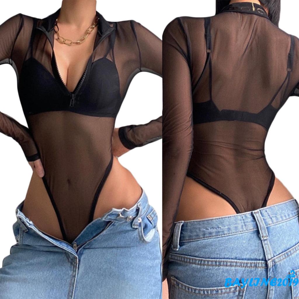 Bộ Áo Liền Quần Tay Dài Màu Trơn Phối Lưới Có Khóa Kéo Thời Trang Mùa Thu Cho Nữ