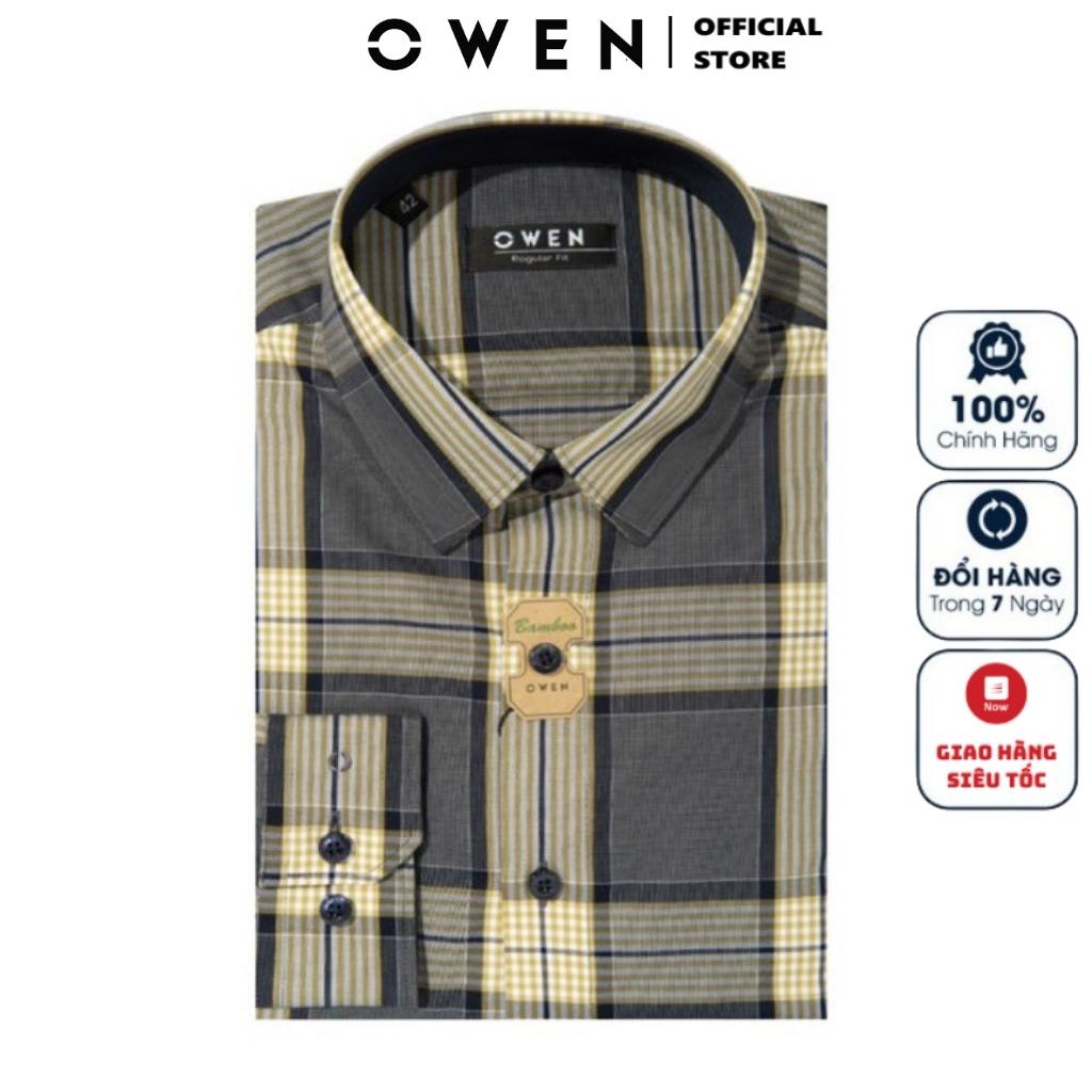 Áo Sơ Mi Nam Dài Tay OWEN AR220884DT Somi Công Sở Vải Sợi Tre Cao Cấp Màu Caro Navy Rêu Trắng Dáng Suông Tà Lượn Có Túi