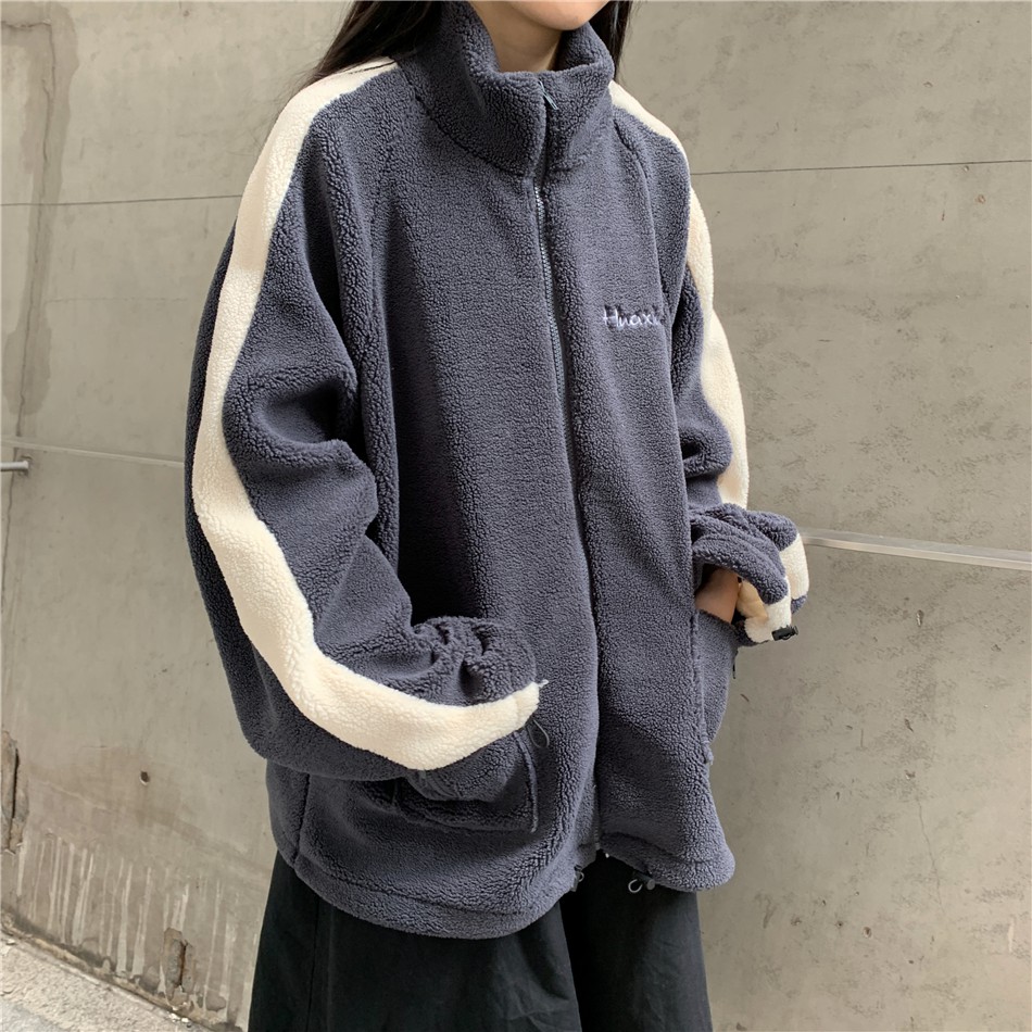 Áo khoác nữ form rộng, áo khoác lông cừu ulzzang nữ kẻ sọc tay có dây rút