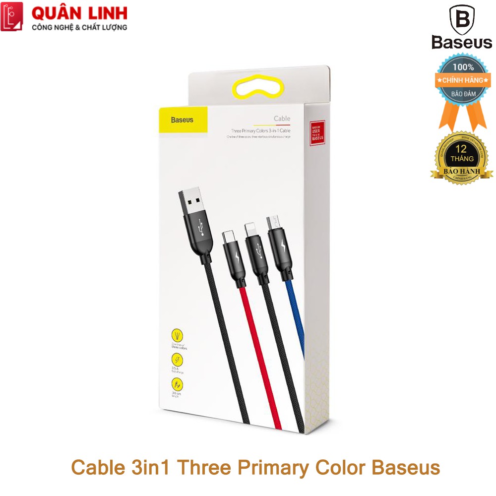Cáp 3 đầu Three Primary Color 3-in-1 Baseus 120cm dùng cho iPhone, Android