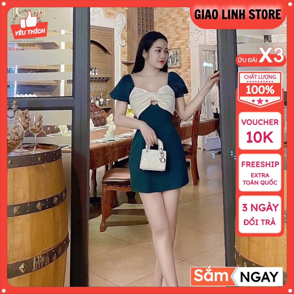 Váy đầm nữ tay bồng ngắn tay ôm body chất kaki dài trên gối phối nơ ngực 3 màu có size siêu hot