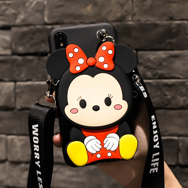 Samsung S10 S10PLUS S7edge S21Ultra S21+ A6 A8 2018 A6Plus A6+ A8Plus A8+ A12 A42 A02S A01Core A21S A31 A11 Cartoon Mickey silicone wallet mobile phone case Cute Minnie backpack mobile phone case Sling strap pocket mobile phone anti dropping shell