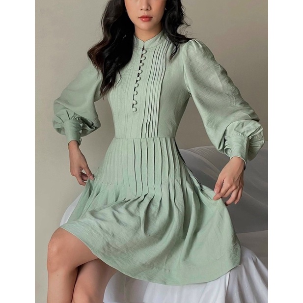Đầm xoè dự tiệc, dạo phố tay dài chân váy xếp ly phong cách cổ điển sang trọng