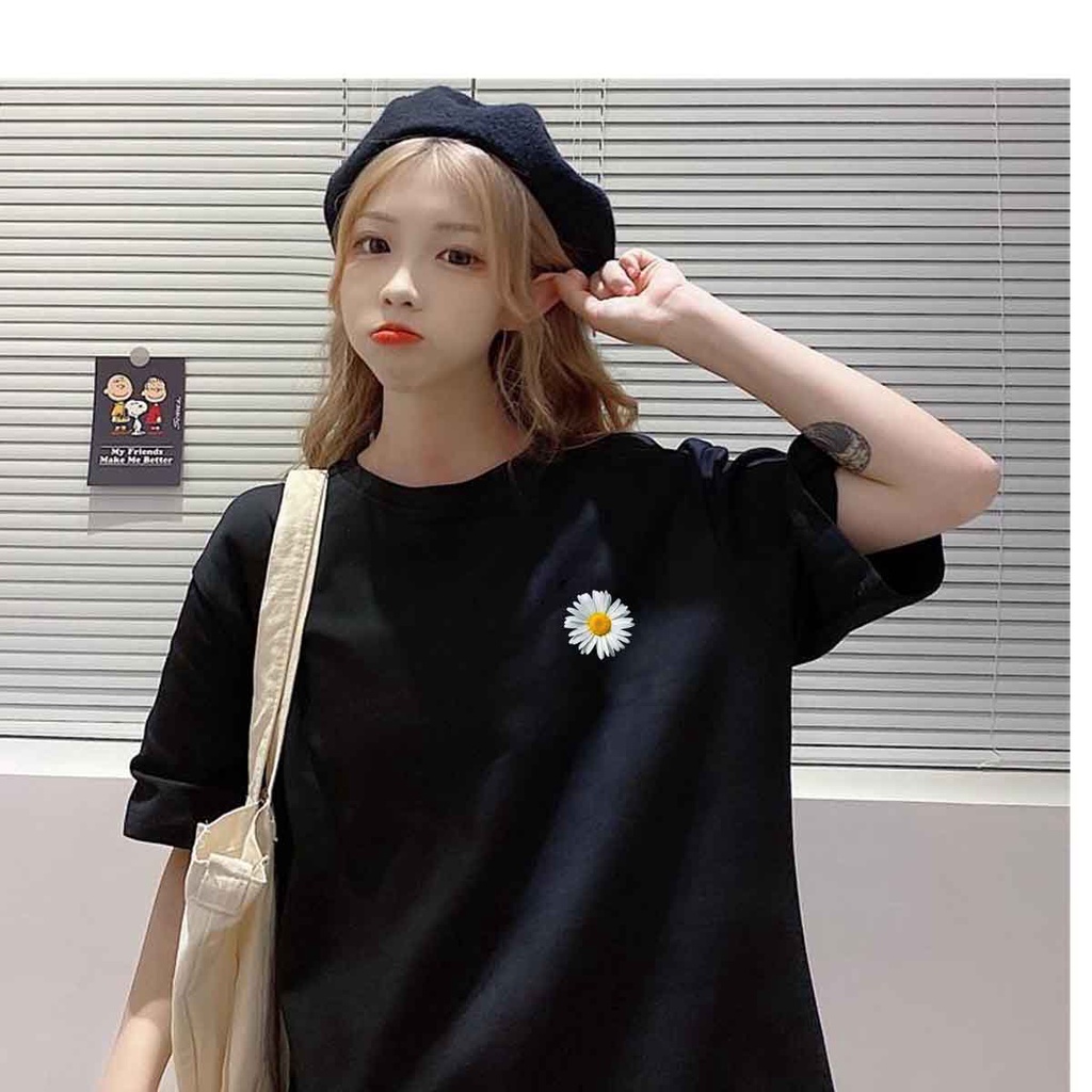 Áo thun tay lỡ fom rộng logo hoa cúc họa mi đẹp size dưới 65kg