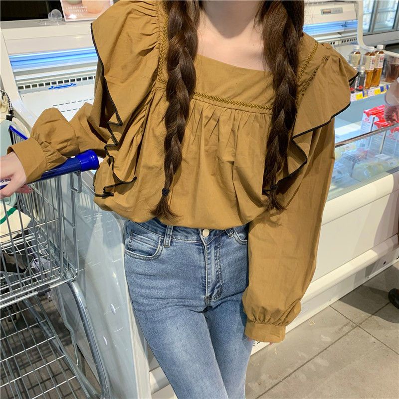 Áo Kiểu Cổ Vuông Tay Phồng Dáng Rộng Thời Trang Mùa Thu Phong Cách Hàn Quốc Cho Nữ