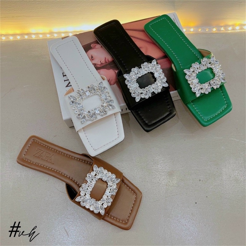 dép lê nữ quai ngang đính hoa đá da lì cao cấp