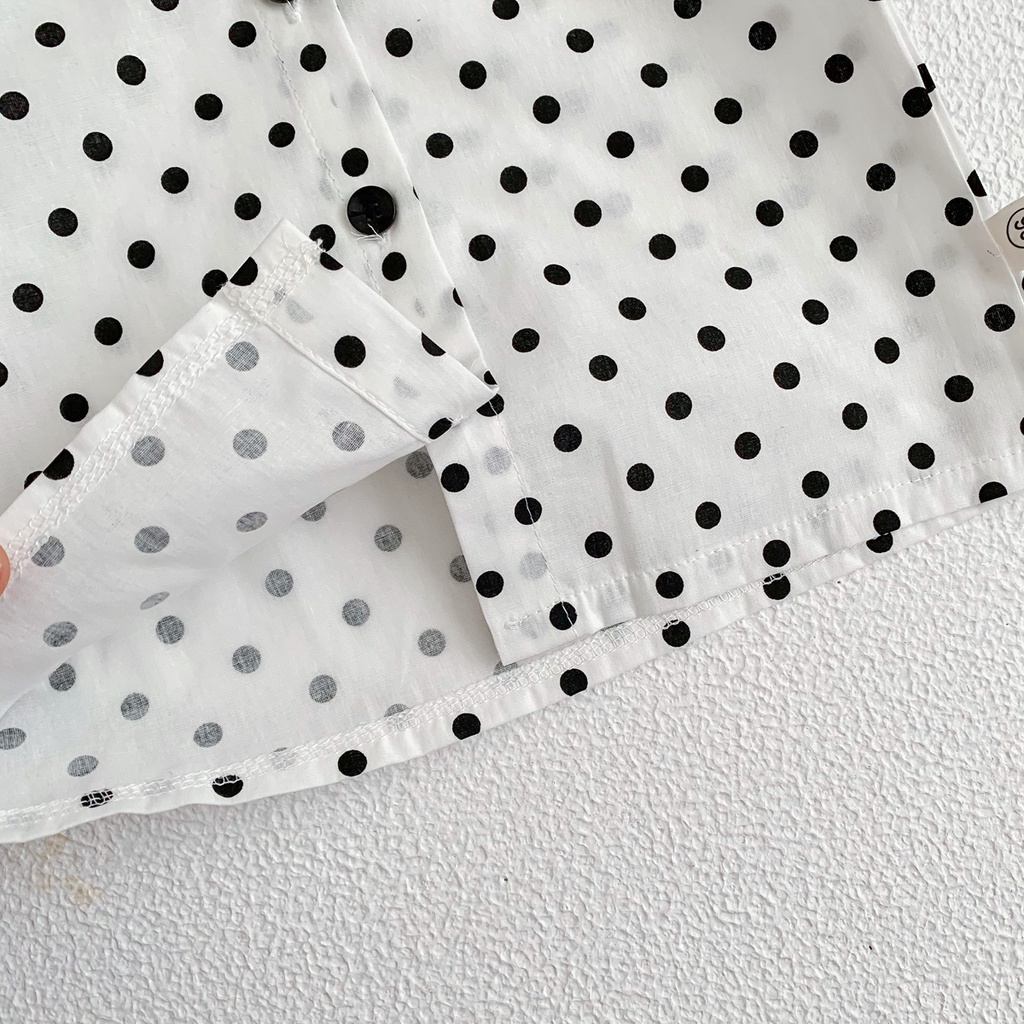 Bộ Áo Sơ Mi Chấm Bi Tay Dài + Quần Yếm Ngắn Dễ Thương Thời Trang Xuân Thu Cho Bé Gái