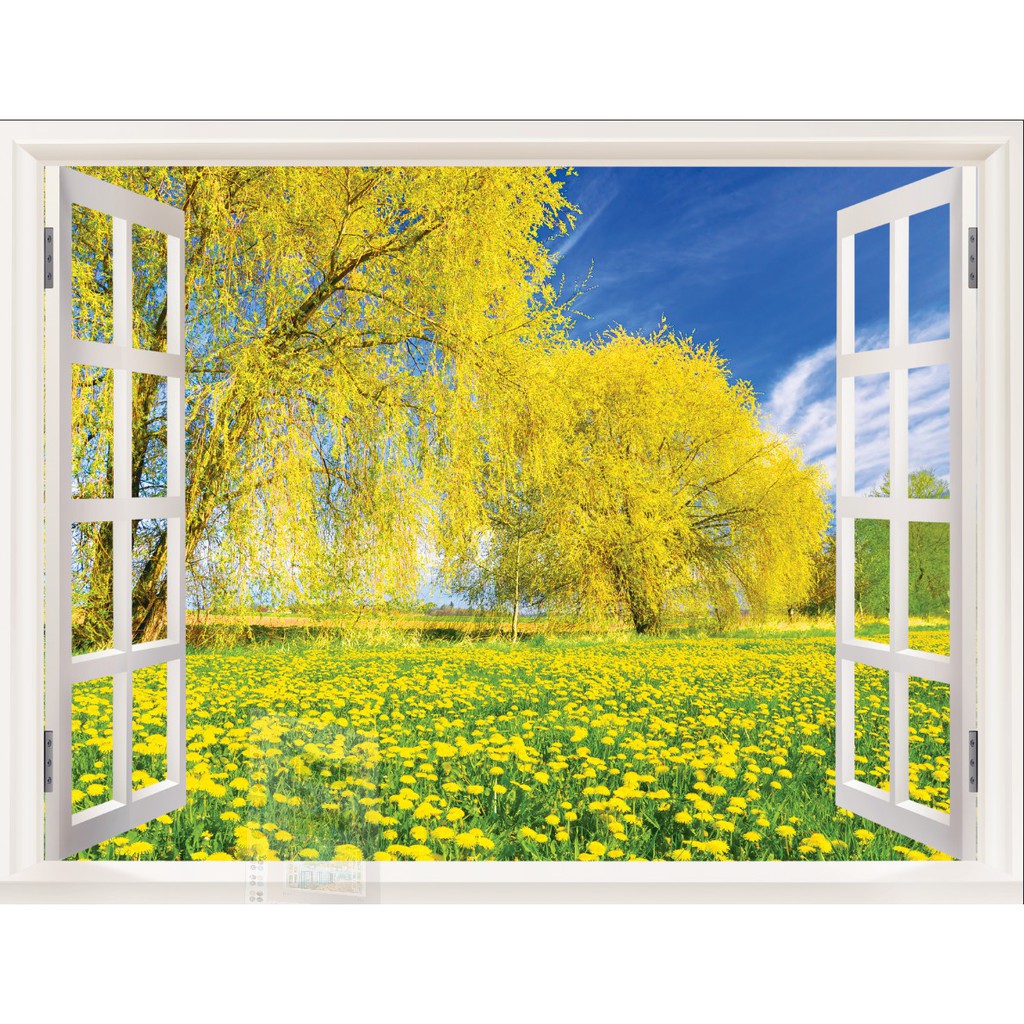 Decal tranh dán tường 3d khung cửa sổ phong cảnh trang trí phòng khách chất liệu decal pp keo sẵn bóc dán atk14