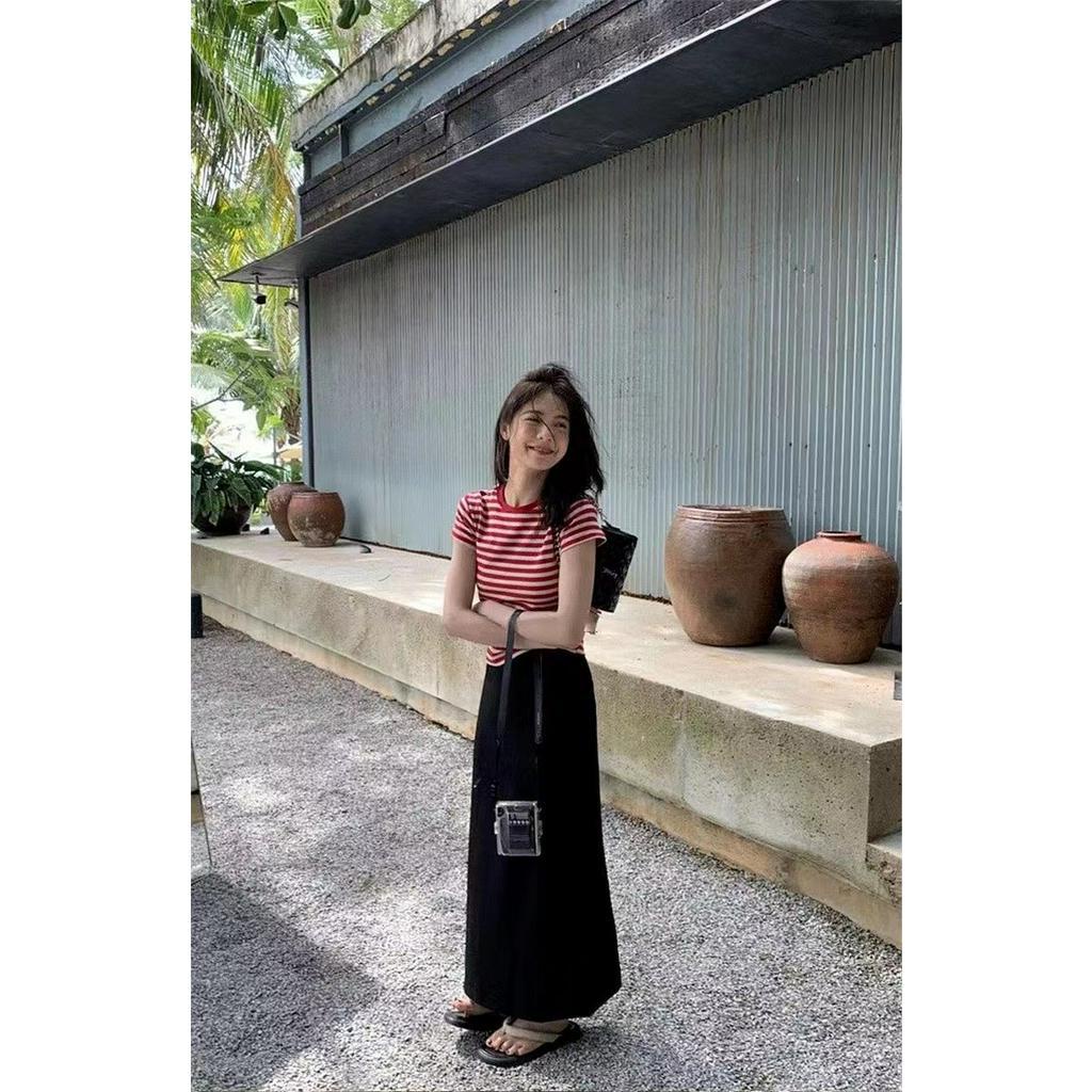 Ethelgirl Áo Thun Tay Ngắn Cổ Tròn Họa Tiết Kẻ Sọc Thời Trang Hàn Quốc Dễ Phối Đồ Cho Nữ