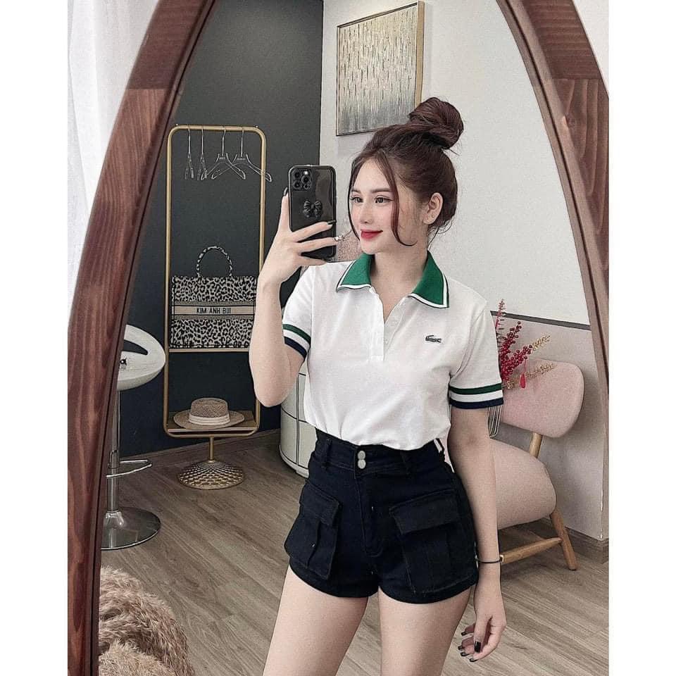 Áo Polo Nữ Form Rộng Viền Ngang Chất Liệu Cotton