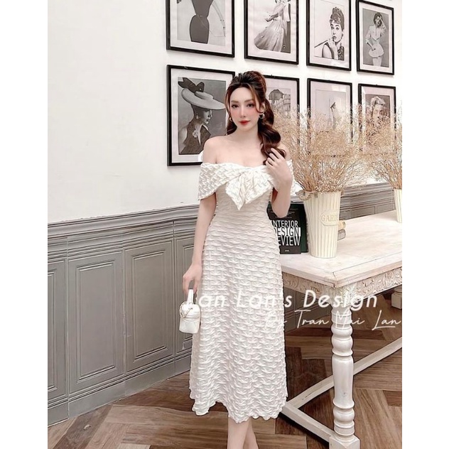Váy trễ vai nơ ngực xốp nhăn