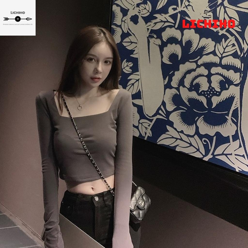 Áo croptop tay dài cổ vuông CT06 LICHIHO áo thun nữ gợi cảm chất vải tốt chất lượng | BigBuy360 - bigbuy360.vn