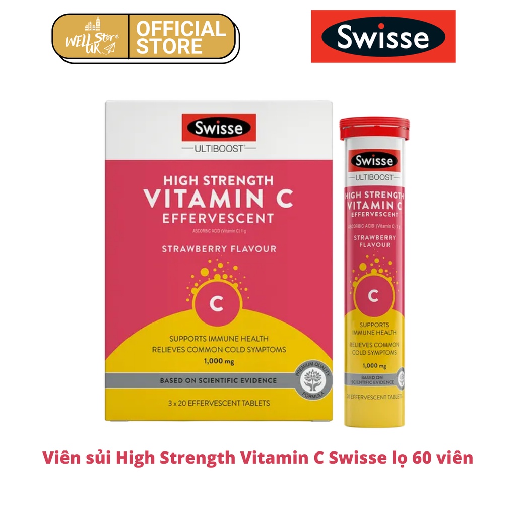 Viên sủi hương dâu Swisse High Strength Vitamin C Effervescent 1000mg hộp 60 viên bổ sung vitamin C tăng đề kháng