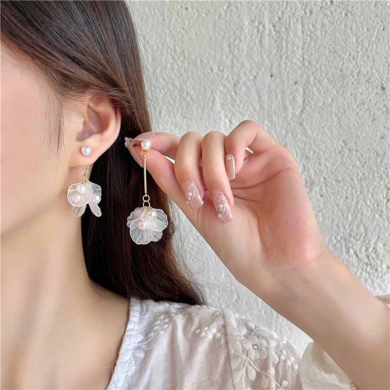 Bông tai dáng dài chốt xỏ bạc 925 phối hạt ngọc trai nhân tạo phong cách Hàn Quốc