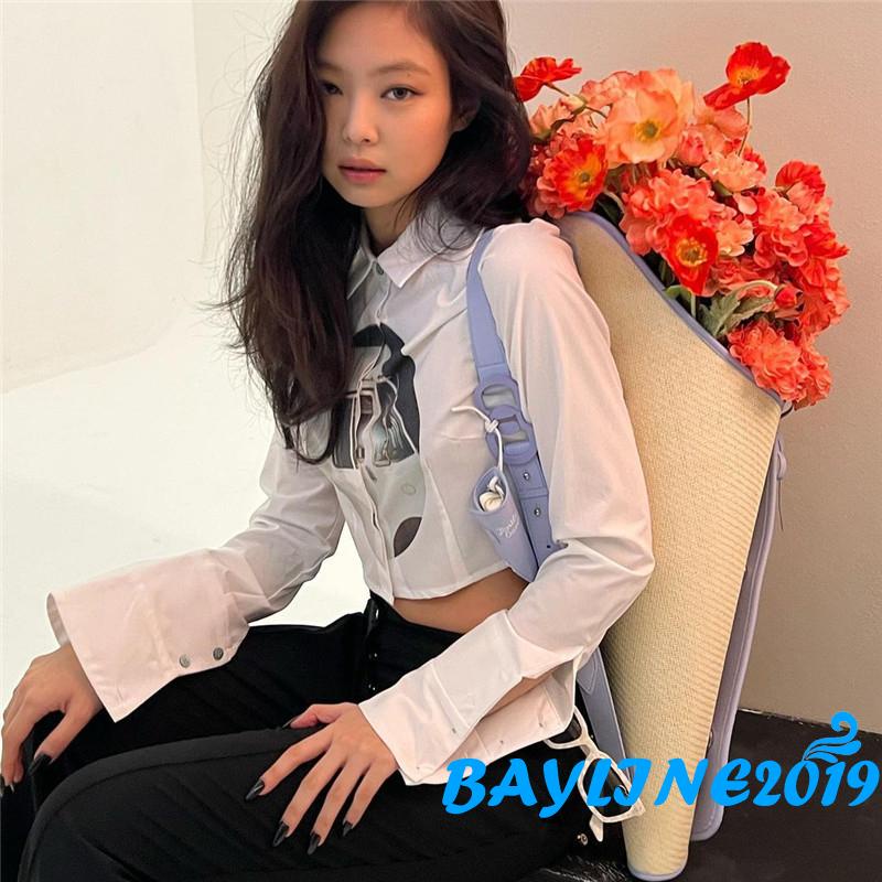 Bay-Women’s Casual Long Sleeve Shirt Abstract Printing Lapel Single-breasted Cropped Cardigan