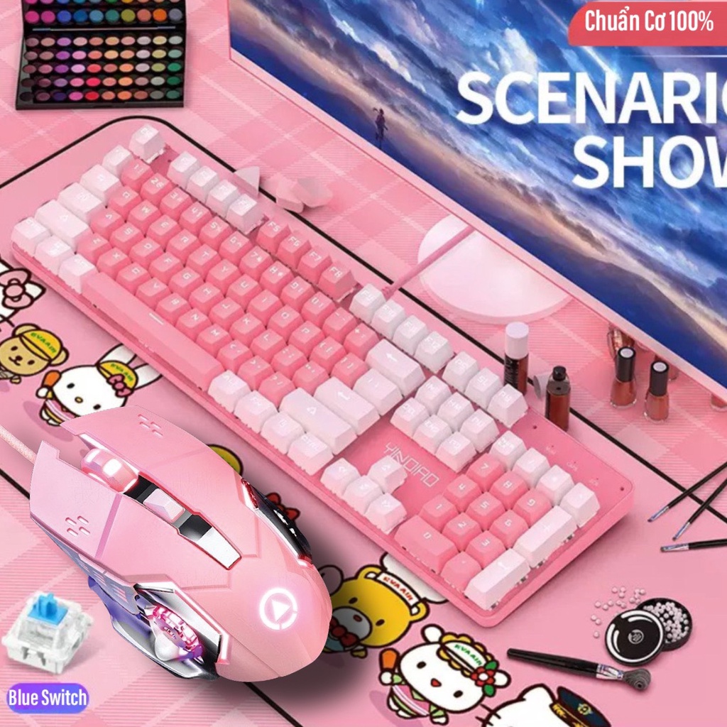 Bàn Phím Cơ Gaming Blue Switch Và Chuột Máy Tính LapTop YINOIAO ZK4V G15 LED 12 Chế Độ Màu Hồng Trắng Rễ Thương Cao Cấp