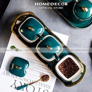 Bộ 3 Hũ đựng gia vị sứ xanh kèm khay và thìa