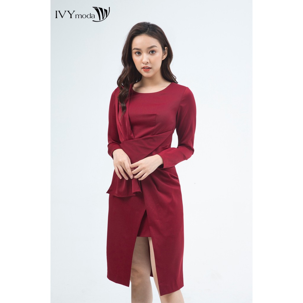 Đầm 2 lớp dài tay vạt nếp thiết kế IVY moda MS 48M5119