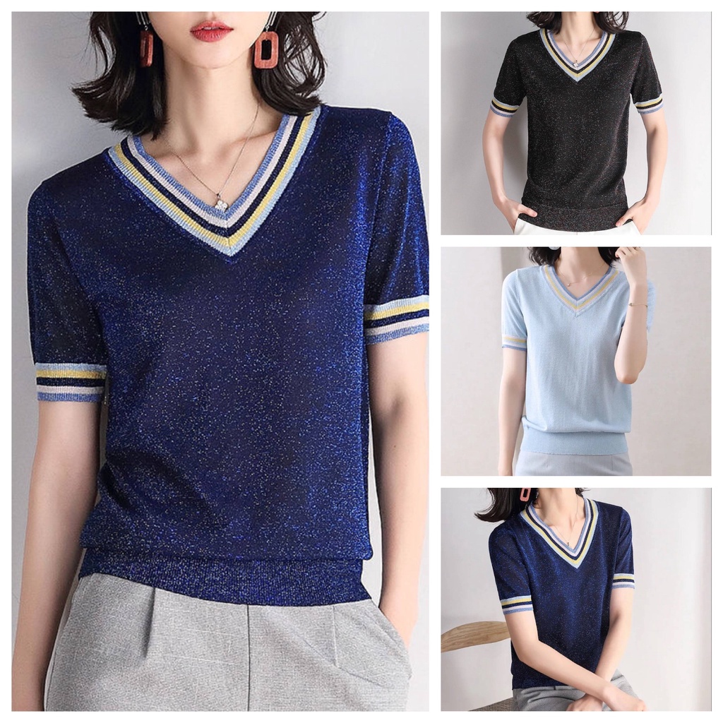 Áo Thun Lụa Dệt Kim Tay Ngắn Cổ Chữ V Thời Trang Dành Cho Nữ